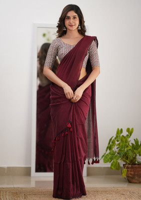DHRITIS Self Design Handloom Cotton Blend Saree(Maroon)