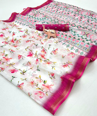 KGM BRAND Tie-Dye, Printed, Dyed, Geometric Print, Striped Bollywood Linen Saree(Pink)