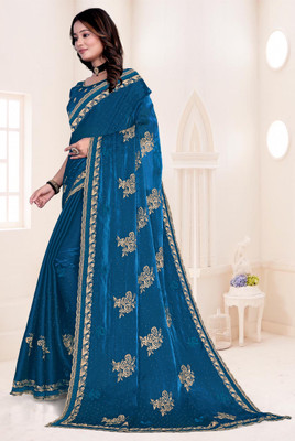 greeva enterprise Embroidered, Embellished Bollywood Jimmy choo Saree(Dark Blue)