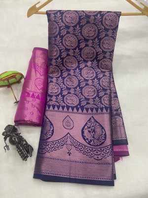 Gajal Printed Kanjivaram Pure Silk, Art Silk Saree(Dark Blue, Pink)