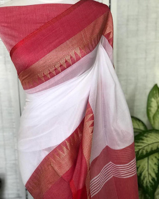 ADbutiq Woven Handloom Handloom Pure Cotton Saree(White)