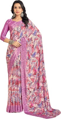 SIRIL Printed Bollywood Silk Blend, Crepe Saree(Pink, Cream)