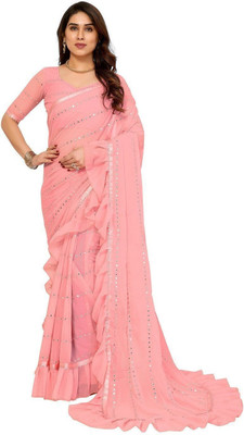 ROOP SUNDARI SAREES Dyed, Embroidered Bollywood Georgette Saree(Pink)