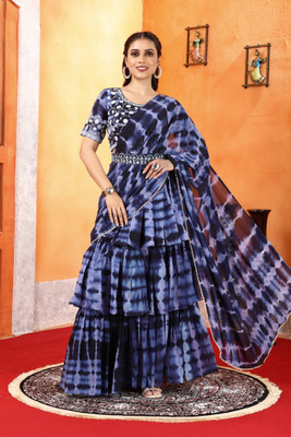 PATLANI STYLE Embroidered Pre Draped Saree Georgette Saree(Dark Blue)