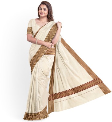 Chithra Fabrics Solid/Plain Kasavu Pure Cotton Saree(Cream)