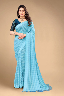 saanvi Checkered, Self Design Bollywood Chiffon Saree(Light Blue)