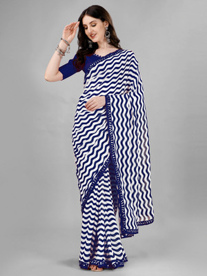 Rashiklal & Co. Printed Leheria Georgette, Chiffon Saree(Dark Blue)
