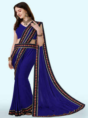 Anugrah Textile Solid/Plain Banarasi Lycra Blend, Chiffon Saree(Blue)