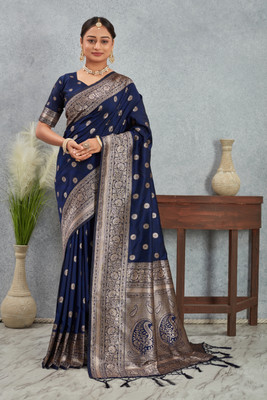 HETASH FASHION Self Design Saree with Attached Blouse Pure Silk Saree(Dark Blue)
