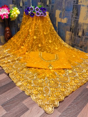 KHRITI FAB Embroidered, Printed Bollywood Net Saree(Yellow)