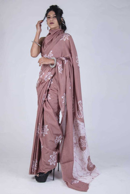 RAMNATHS Printed, Blocked Printed, Hand Painted Hand Batik Pure Cotton Saree(Brown)