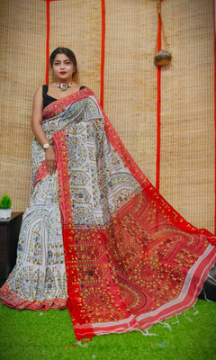 trogon Printed Handloom Cotton Silk Saree(White)