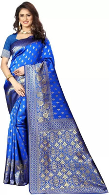 kevami fashion Floral Print Kanjivaram Jacquard, Pure Silk Saree(Light Blue)