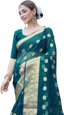 KOTHARI LGF Woven Bandhani Organza Saree(Dark Green)