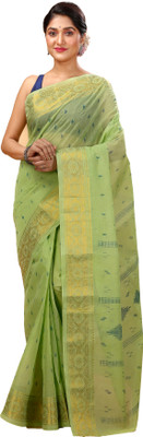 Happy Creation Printed Tant Handloom Cotton Blend Saree(Blue)