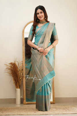 KRIYANSH Self Design, Woven, Embellished Kanjivaram Jacquard, Cotton Blend Saree(Light Blue)