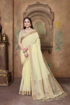 ishika fab Woven Bollywood Linen Saree(Cream)