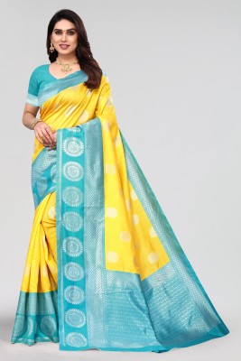 Karuna Creation Embellished, Woven, Self Design Banarasi Cotton Silk, Satin Saree(Yellow, Blue)