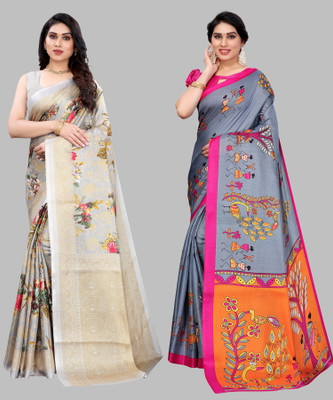 Priyashi Printed, Paisley, Floral Print Mysore Art Silk Saree(Pack of 2, Grey)