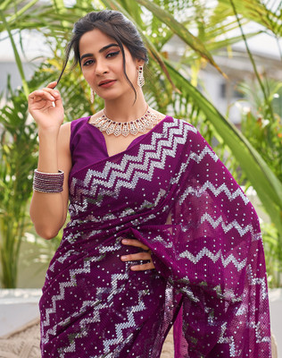 SIRIL Dyed, Embellished Bollywood Georgette Saree(Purple)