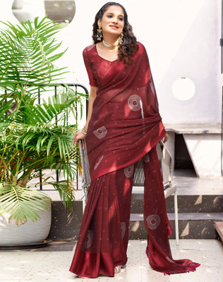 SIRIL Printed, Geometric Print Bandhani Chiffon, Silk Blend Saree(Maroon, Beige)