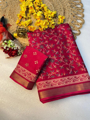 Lyrox Fashion Floral Print, Woven, Printed, Self Design, Temple Border Daily Wear Cotton Blend Saree(Pink)