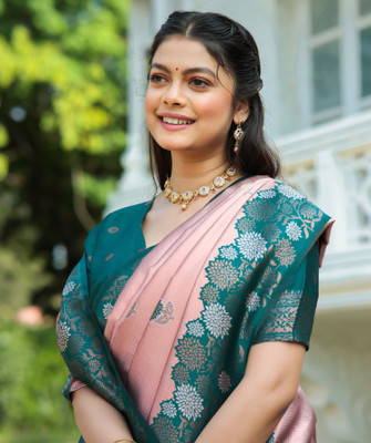 COSBILA FASHION Woven Banarasi Silk Blend Saree(Pink)
