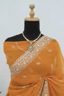 Mikhushop Embroidered Bollywood Organza Saree(Gold)