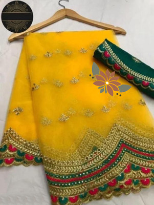 MANSIMART Embellished Ikkat Cotton Silk, Net Saree(Yellow)