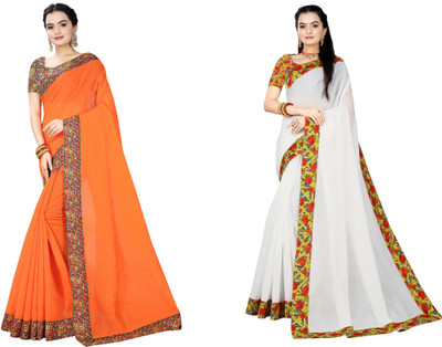 manish Solid/Plain Chanderi Cotton Blend Saree(Pack of 2, White, Orange)