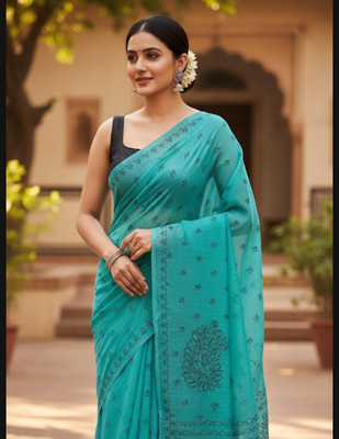 RIDDHI Embroidered Daily Wear Cotton Blend Saree(Green)
