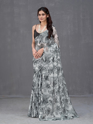 GARDEN VARELI Floral Print Bollywood Chiffon Saree(Grey)