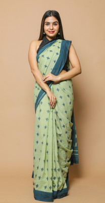 NIKHILAM Printed Daily Wear Pure Cotton Saree(Light Green)