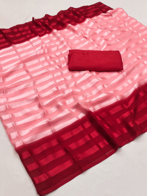 Anand Sarees Ombre, Striped Daily Wear Satin Saree(Pink, Red)