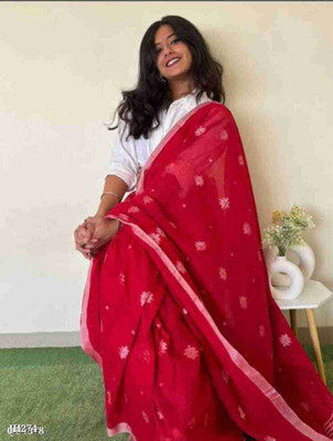 Quetzal Self Design, Solid/Plain Handloom Pure Cotton Saree(Red)