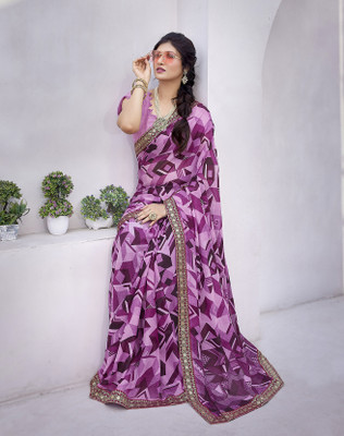 YASHIKA Printed Daily Wear Georgette, Lace Saree(Purple)