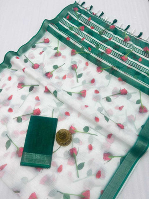 Margi Designers Floral Print Handloom Cotton Linen Saree(White)