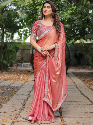 VISVASTA Dyed Bollywood Chiffon, Tussar Silk Saree(Pink)