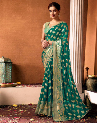 Samah Printed, Temple Border, Embellished Bollywood Georgette Saree(Green)