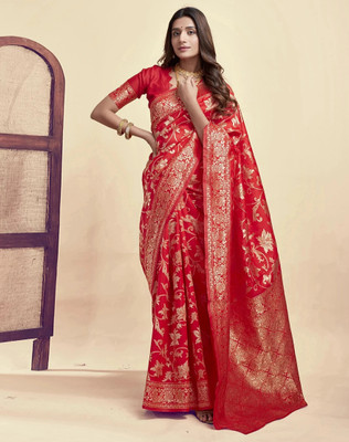 Parangi-A planet of style Woven Banarasi Cotton Silk Saree(Red)