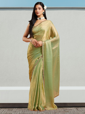 Croza Solid/Plain, Embellished Bollywood Silk Blend Saree(Green)
