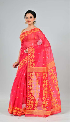 Mondal Saree Centre Printed Jamdani Cotton Silk Saree(Pink)