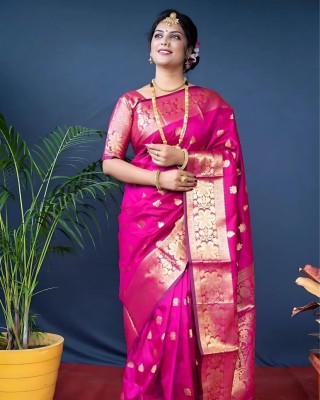 ZILVIRA Woven Kanjivaram Silk Blend Saree(Pink)