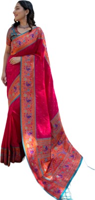 Elite Weaves Woven Paithani Silk Blend Saree(Pink)