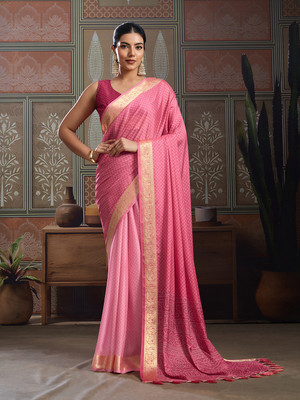 RekhaManiyar Printed Saree with Attached Blouse Crepe Saree(Pink)