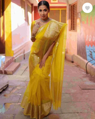 Shri Vianayak Solid/Plain, Woven Banarasi Chiffon Saree(Yellow)