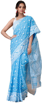 Oishani Saree Ghor Woven Jamdani Cotton Silk Saree(Blue)