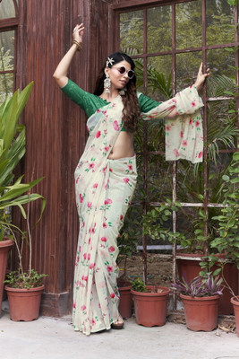 Sariya Embroidered, Digital Print Bollywood Georgette Saree(White)