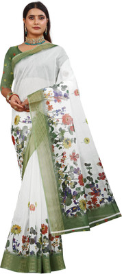PRTRENDZ Printed Kanjivaram Pure Cotton, Chanderi Saree(White, Green)
