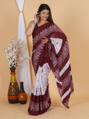 HouseOfCommon Graphic Print Bollywood Chanderi Saree(White, Maroon)